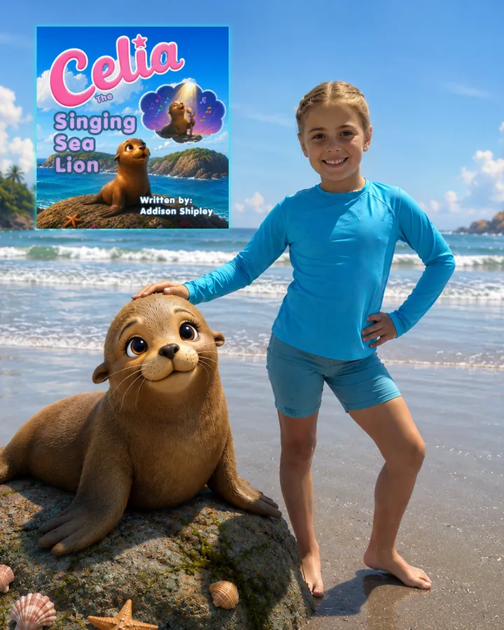 Addison Shipley on the beach with Celia the sea lion and her book, Celia the Singing Sea Lion