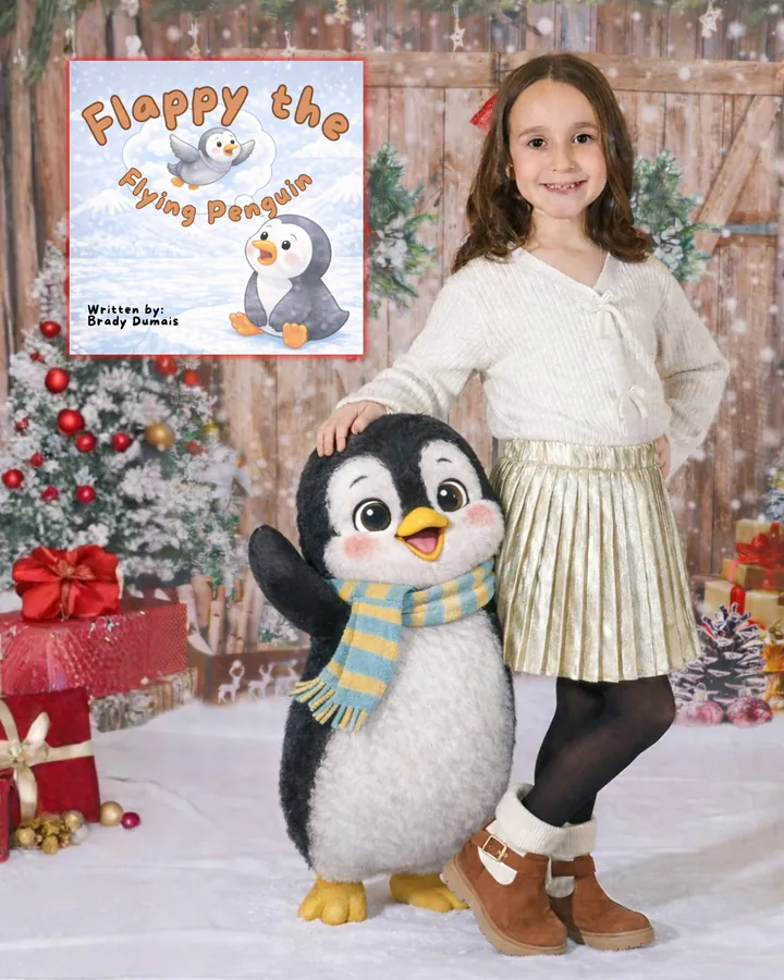 Brady Dumais with Flappy the penguin and her book, Flappy the Flying Penguin