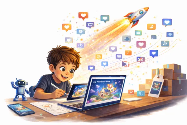 A child at a laptop launching a published book