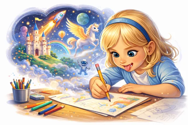 A child drawing with a pencil as her imagined world comes to life