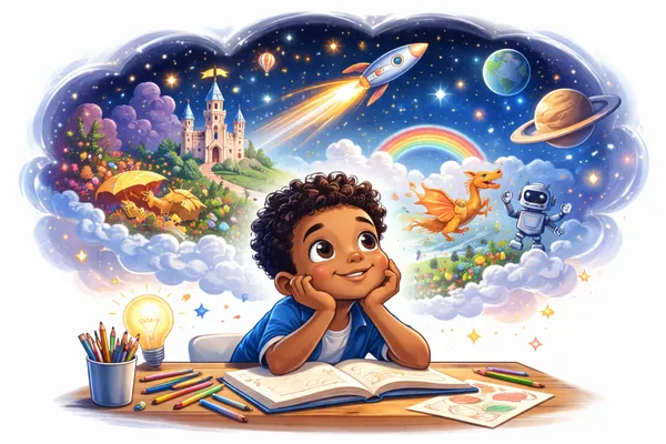 A child daydreaming at a desk, surrounded by castles, rockets, and dragons