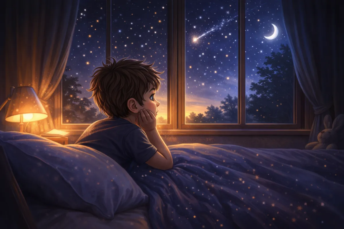 A child in bed gazing out a window at a starry night sky and a shooting star